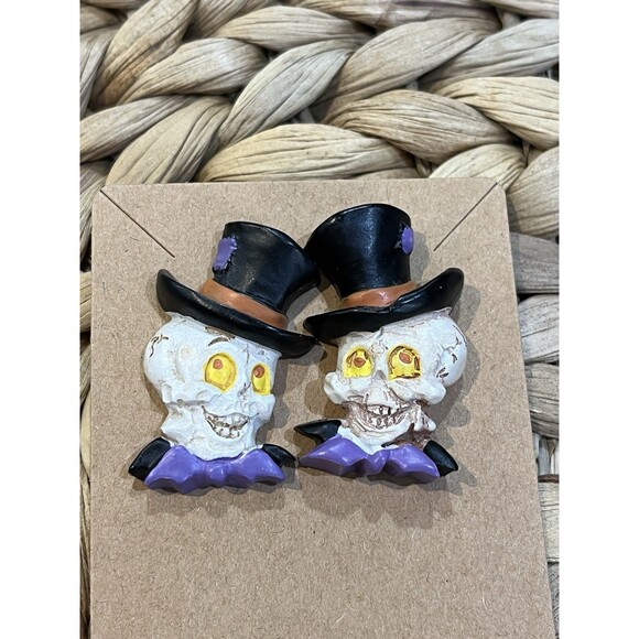 Vintage Halloween Resin Skeleton In Top Hats W/ Bat Bow Ties Gothic Punk Purple - Picture 2 of 8